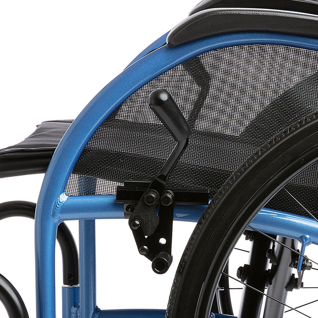 Close-up of blue frame and brake lever of STRONGBACK 24AB Transport Wheelchair 1007AB by StrongBack Mobility