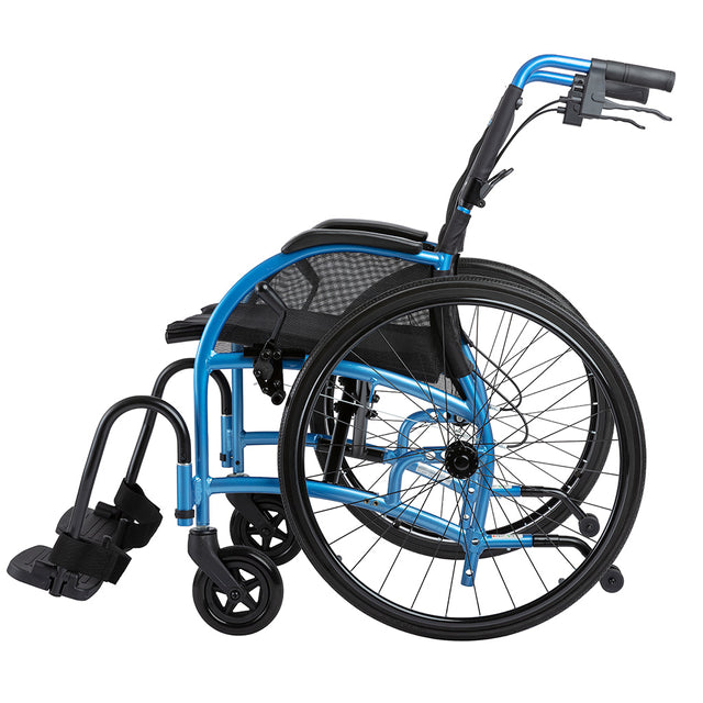 Blue STRONGBACK 24AB Transport Wheelchair 1007AB with foldable frame and footrests for easy mobility