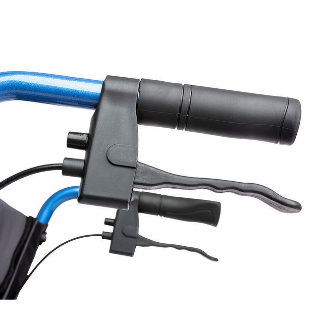 Close-up of the handle and brake lever on the STRONGBACK Excursion Small 12S AB Transport Wheelchair in blue