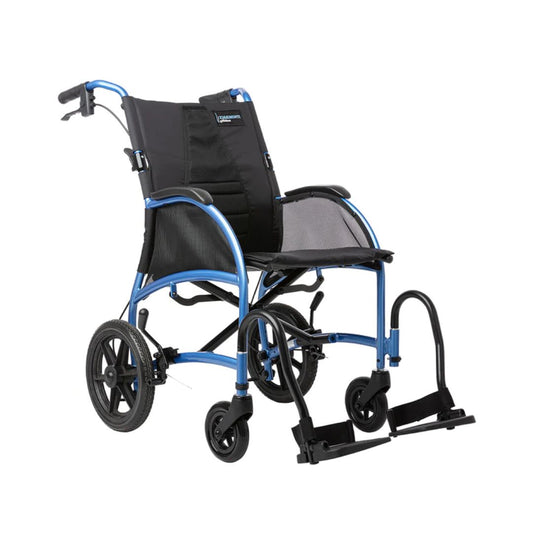 STRONGBACK Excursion Small 12S AB Transport Wheelchair with blue frame and black seat for easy mobility