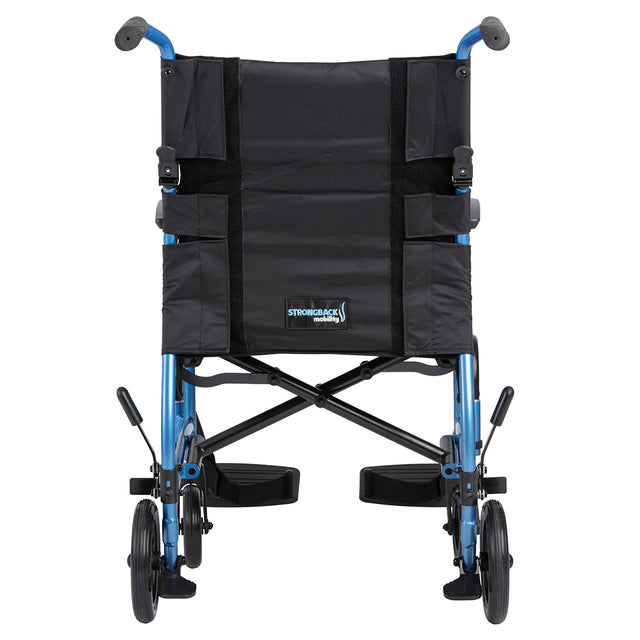 Strongback Mobility 8 Transport Wheelchair 1002 with blue frame and black fabric seat and backrest