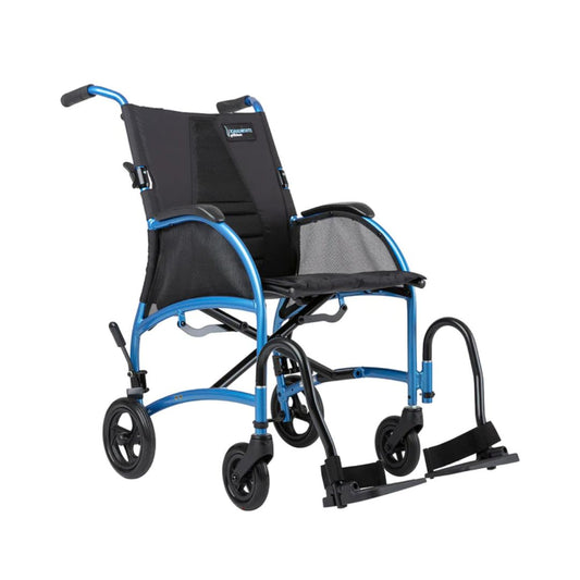 Strongback Mobility 8 Transport Wheelchair 1002 lightweight folding wheelchair with blue frame and black seat