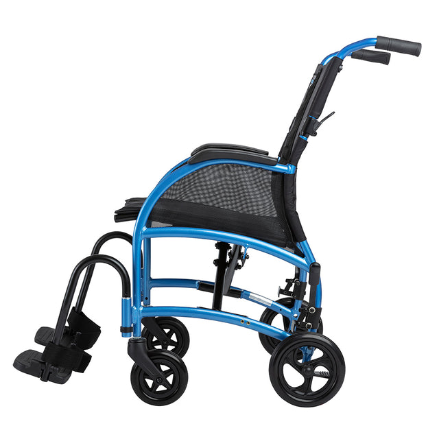 Strongback Mobility 8 Transport Wheelchair 1002 lightweight blue frame with mesh seat and footrests