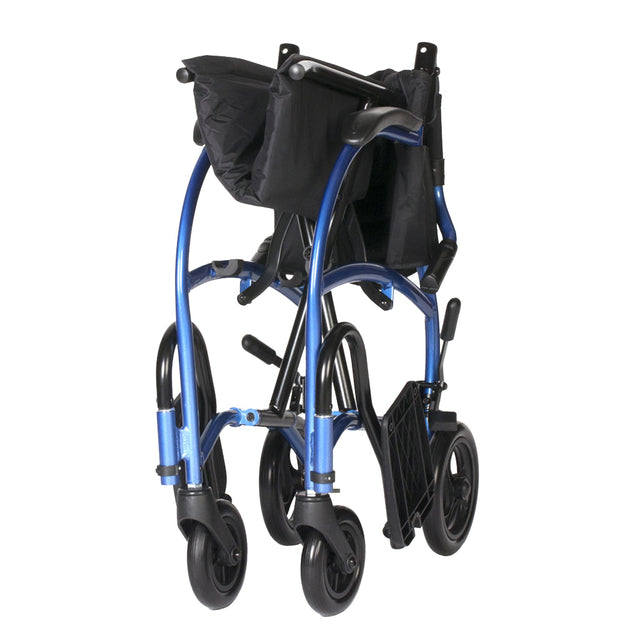 Folded Strongback Mobility 8 Transport Wheelchair 1002 with blue frame and black seat bag