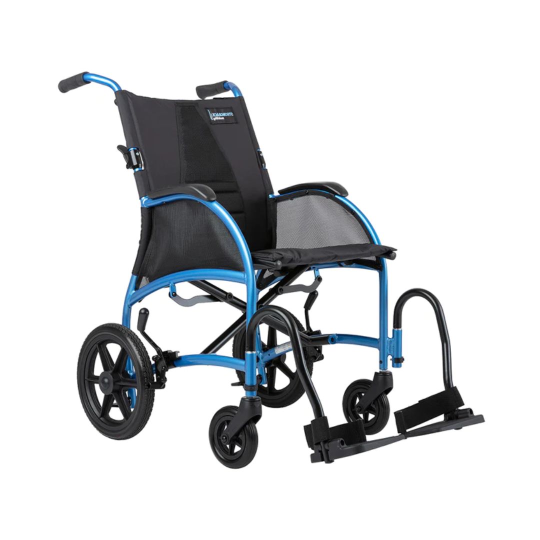Strongback Mobility Excursion 12 Transport Wheelchair with blue frame and black seat for easy mobility