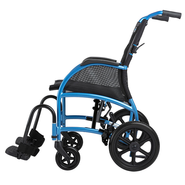 Strongback Mobility Excursion 12 Transport Wheelchair with blue frame and black mesh seat