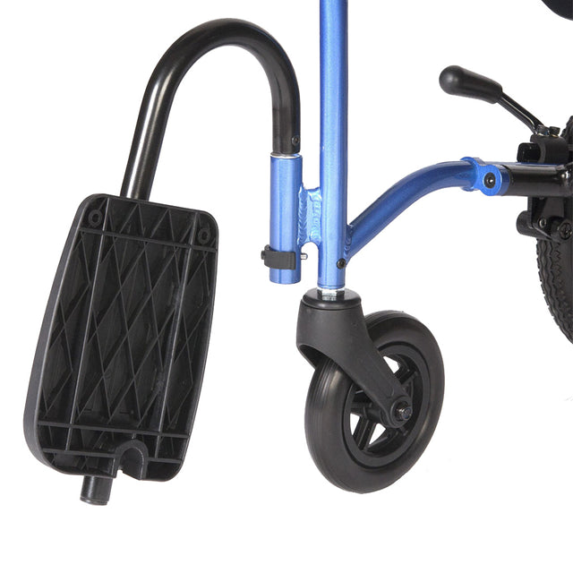 Close-up of footrest and front wheel of Strongback Mobility Excursion 12 Transport Wheelchair in blue