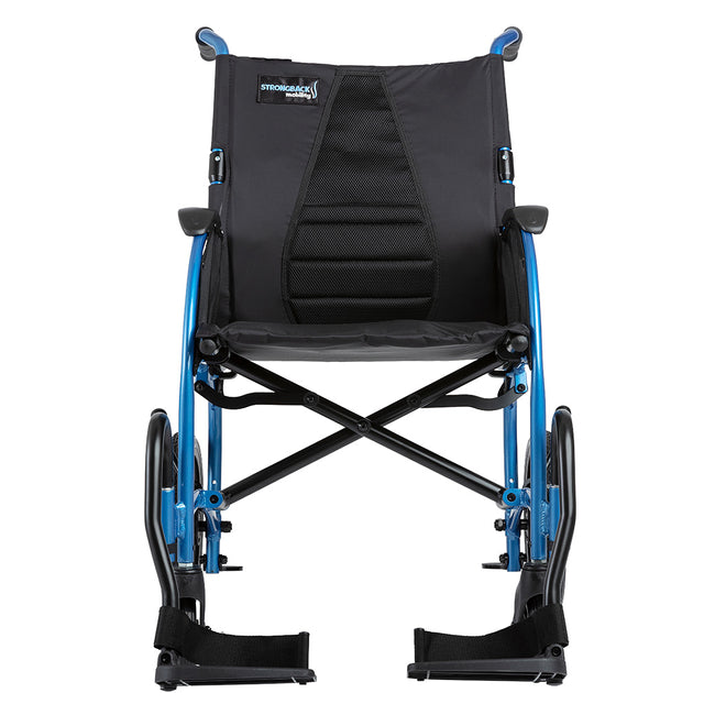 Strongback Mobility Excursion 12 Transport Wheelchair with blue frame and black seat cushion