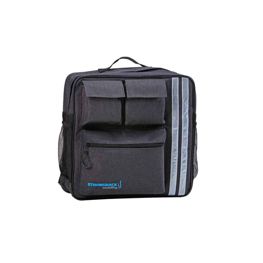 StrongBack Mobility Wheelchair Backpack in charcoal with multiple front pockets reflective stripes and side mesh pockets