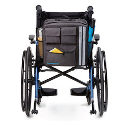 StrongBack Mobility Wheelchair Backpack on wheelchair back with front pockets reflective stripe and side bottle pocket