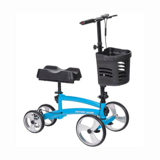 Drive Medical Nitro Glide Knee Walker in blue with black seat and front basket for mobility assistance