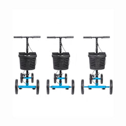 Drive Medical Nitro Glide Knee Walker with black basket and blue frame shown from three angles