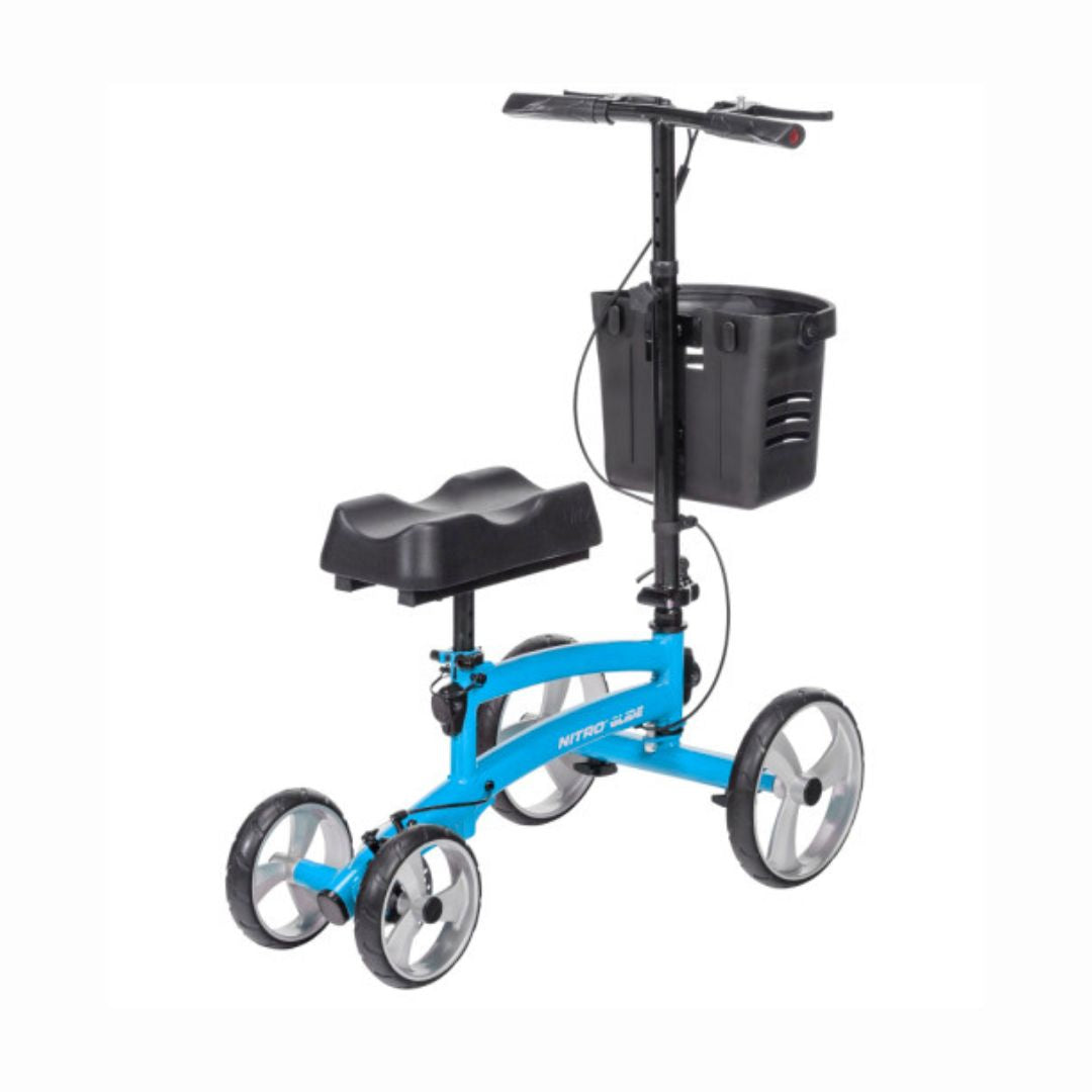 Drive Medical Nitro Glide Knee Walker in blue with padded knee platform and front basket