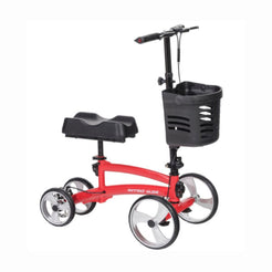 Drive Medical Nitro Glide Knee Walker in red with black seat and front basket for mobility support