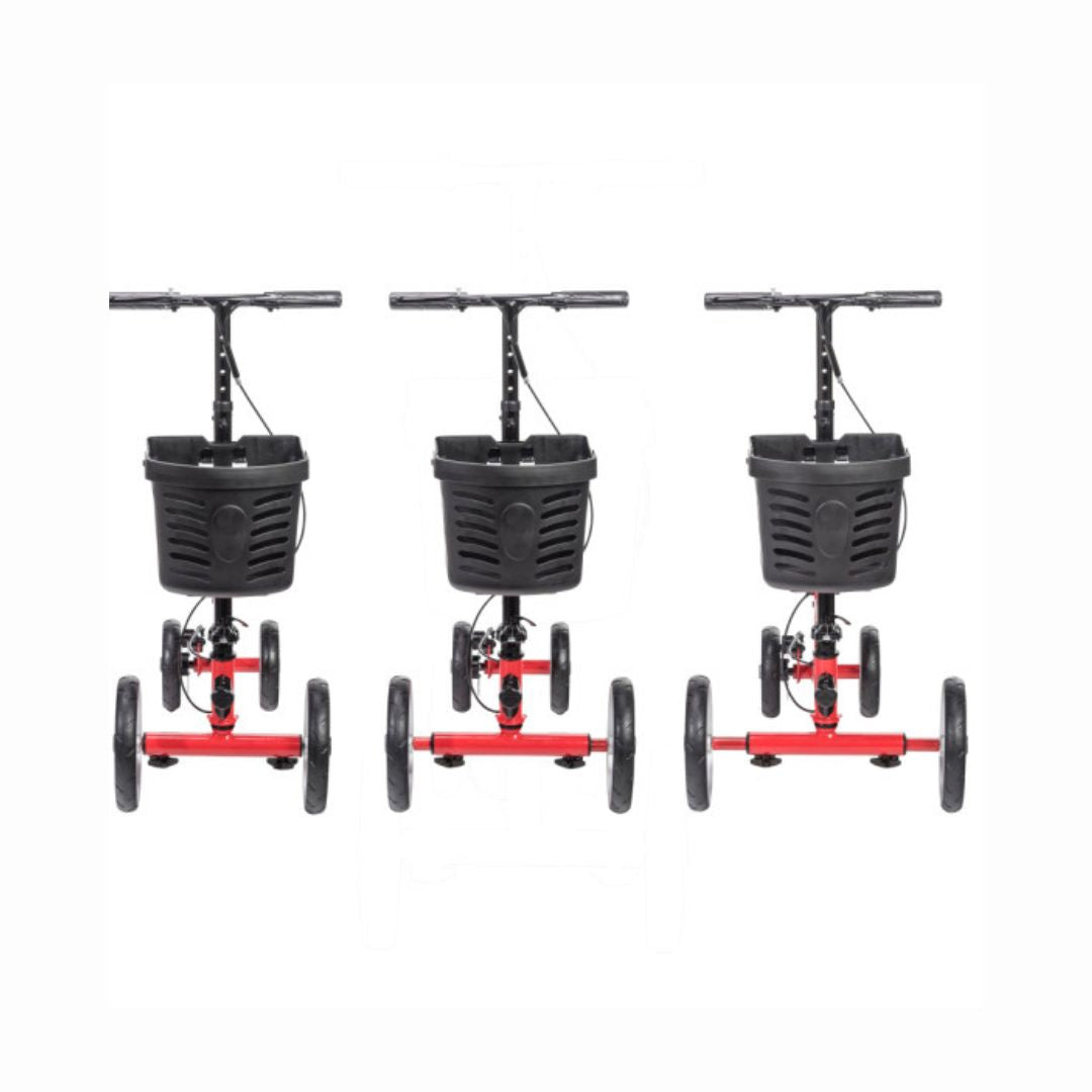 Drive Medical Nitro Glide Knee Walker in red with black basket and adjustable handlebar shown from front