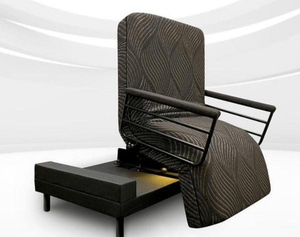THE INDEPENDENCE BED black adjustable reclining bed with patterned fabric and metal armrests