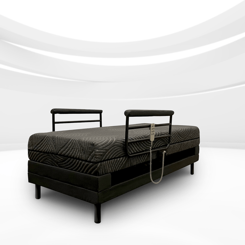 Black adjustable THE INDEPENDENCE BED with remote control and safety rails on modern frame