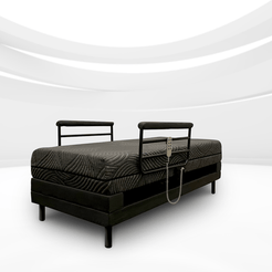 Black adjustable THE INDEPENDENCE BED with remote control and safety rails on modern frame