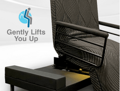 Close-up of THE INDEPENDENCE BED reclining chair with black armrest and gentle lift feature