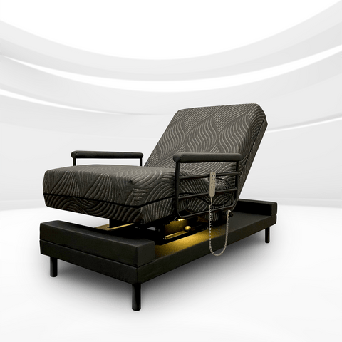 THE INDEPENDENCE BED adjustable recliner chair with black patterned upholstery and remote control