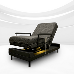 THE INDEPENDENCE BED adjustable recliner chair with black patterned upholstery and remote control
