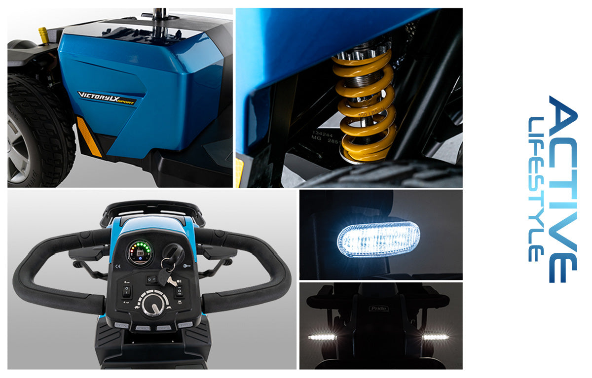 Pride Mobility Victory LX Sport power wheelchair close-ups showing suspension, controls, and LED lights