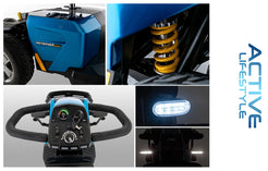 Pride Mobility Victory LX Sport power wheelchair close-ups showing suspension, controls, and LED lights