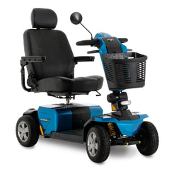 Pride Mobility Victory LX Sport blue mobility scooter with black cushioned seat and front storage basket