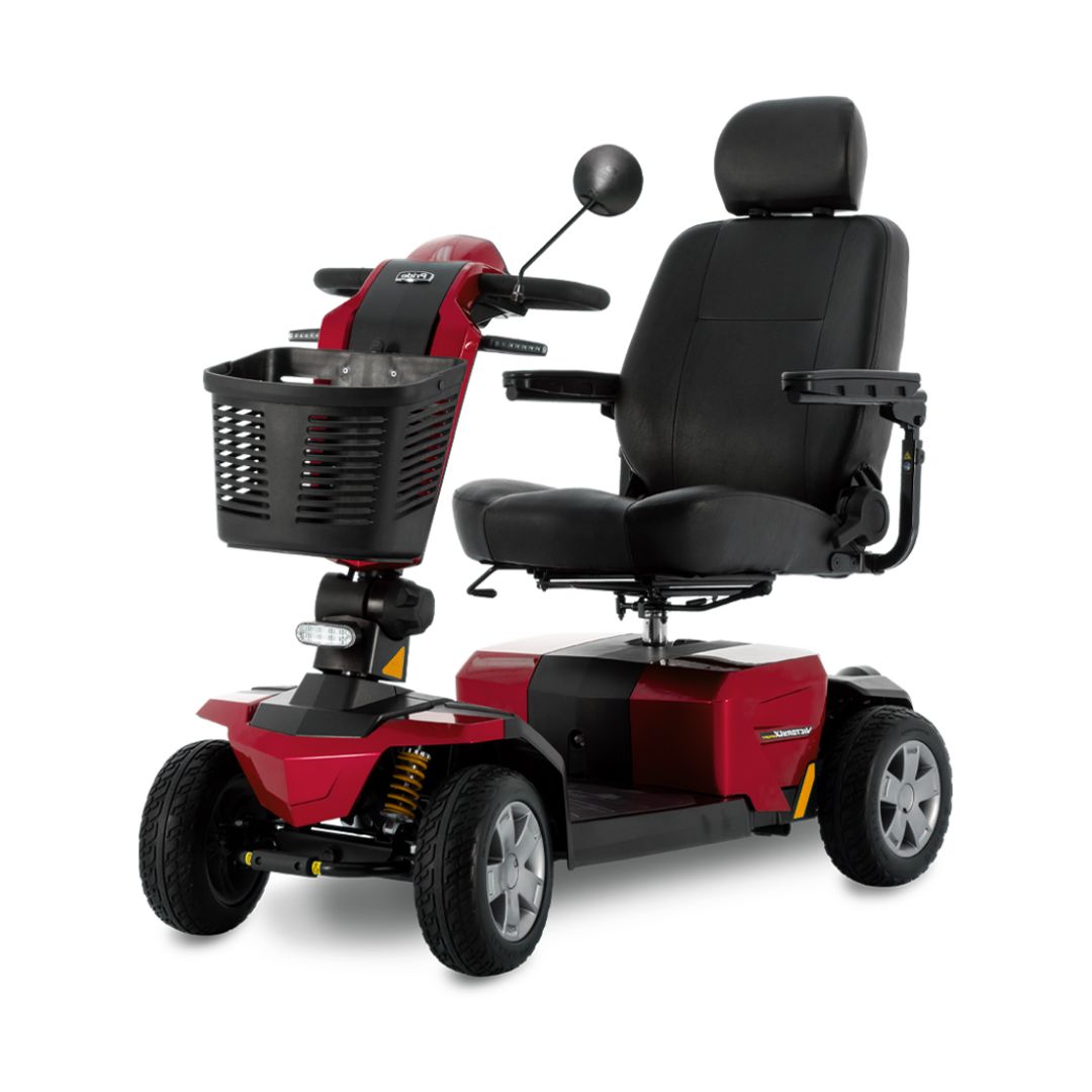 Pride Mobility Victory LX Sport red four-wheel mobility scooter with black seat and front basket