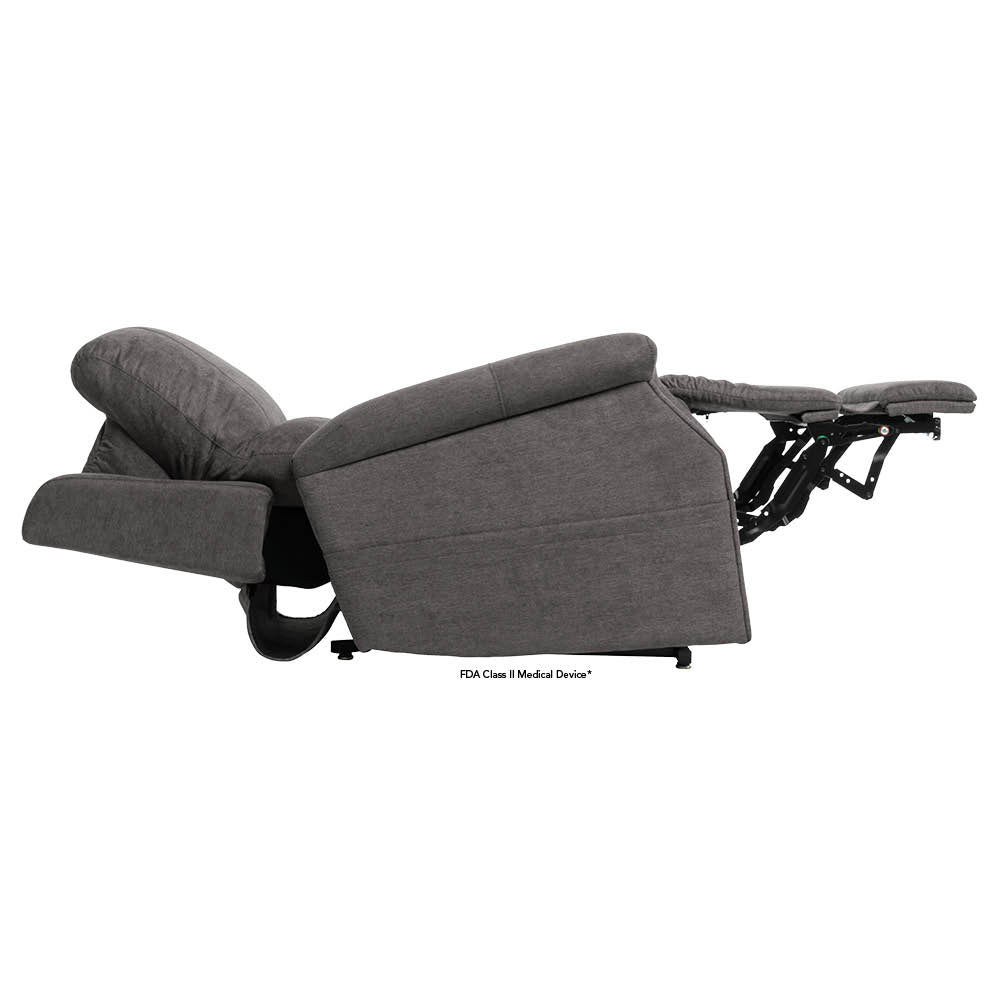 Pride Mobility VivaLift Metro 2 PLR925M gray recliner chair fully extended with footrest and back support