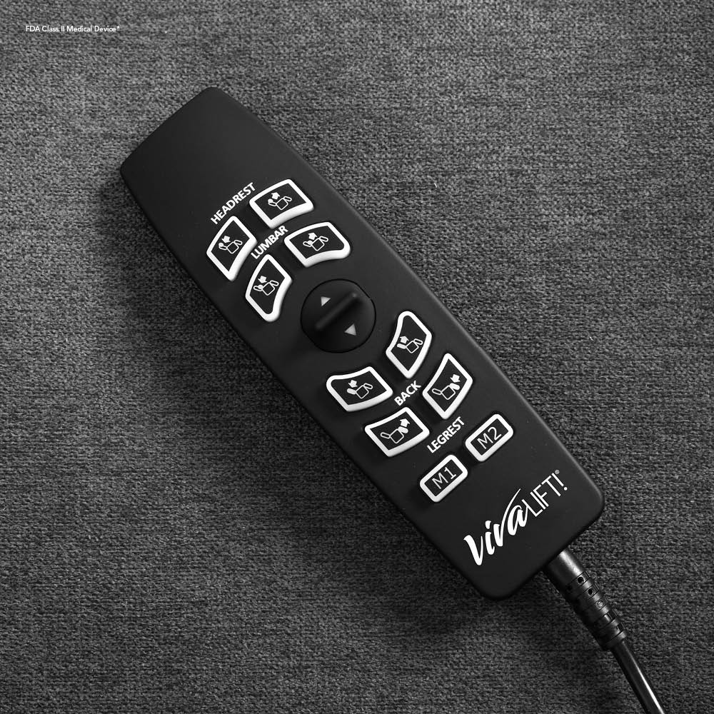 Black remote control for Pride Mobility VivaLift Metro 2 PLR925M with labeled adjustment buttons