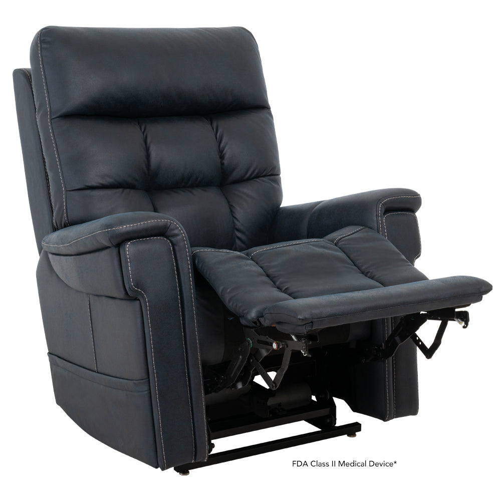 Pride Mobility VivaLift Radiance PLR3955LT black leather lift recliner chair with cushioned armrests and extended footrest