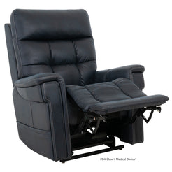 Pride Mobility VivaLift Radiance PLR3955LT black leather lift recliner chair with cushioned armrests and extended footrest