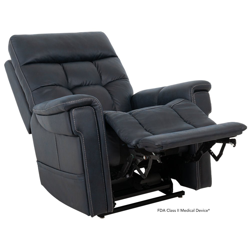 Pride Mobility VivaLift Radiance PLR3955LT black lift recliner chair with padded armrests and footrest extended