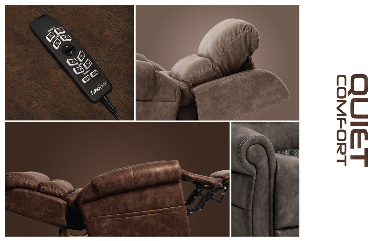 Pride Mobility VivaLift Tranquil 2 PLR935LT brown recliner chair with remote control and plush cushions