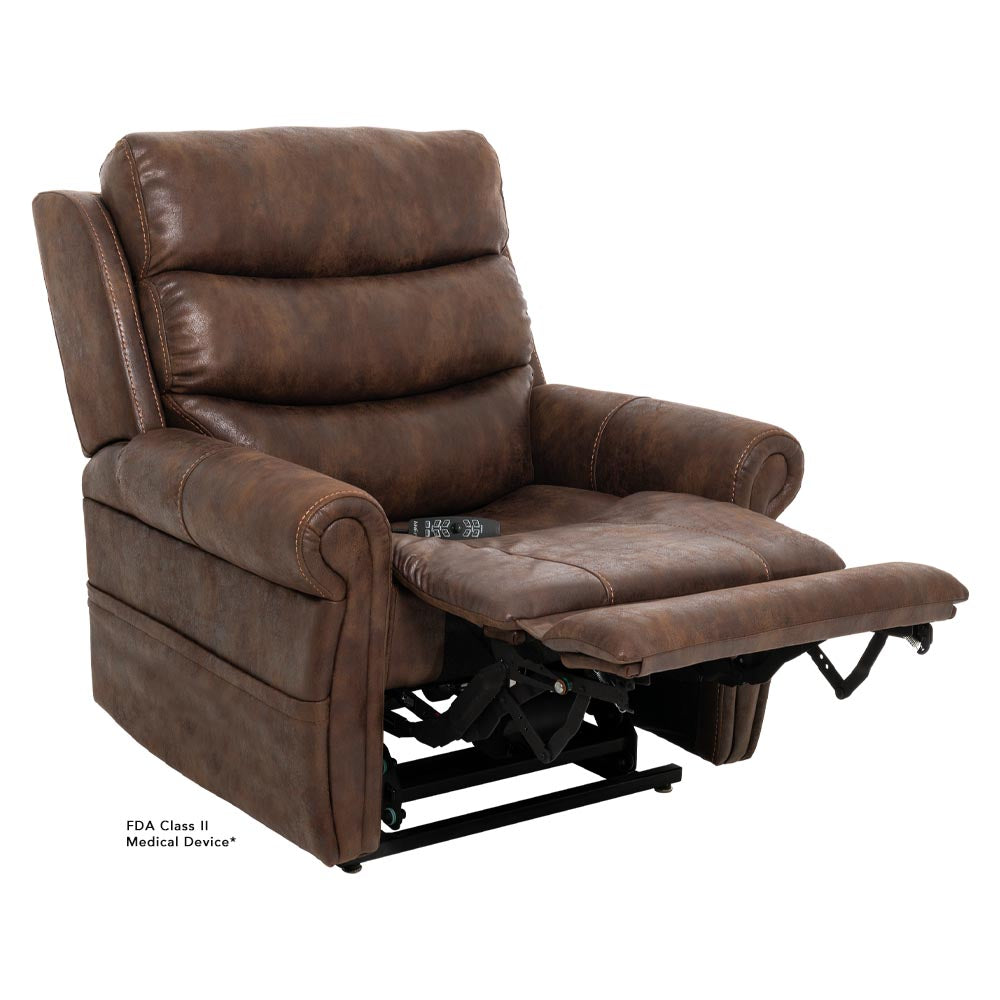 Pride Mobility VivaLift Tranquil 2 PLR935S brown leather lift recliner chair with extended footrest and cushioned armrests