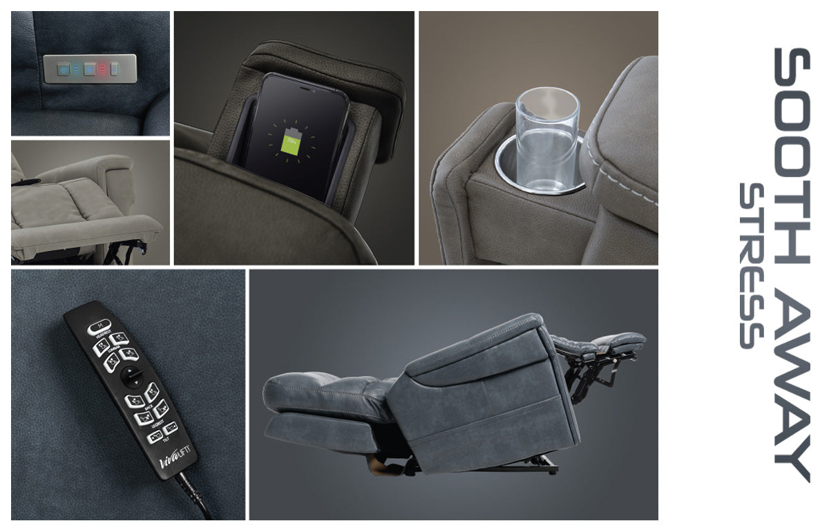 Pride Mobility VivaLift Ultra PLR4955L chair with remote control cup holder and charging pocket in gray fabric