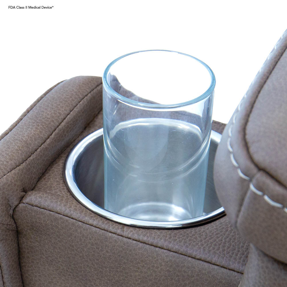 Clear glass cup in the built-in cup holder of Pride Mobility VivaLift Ultra PLR4955L beige recliner chair