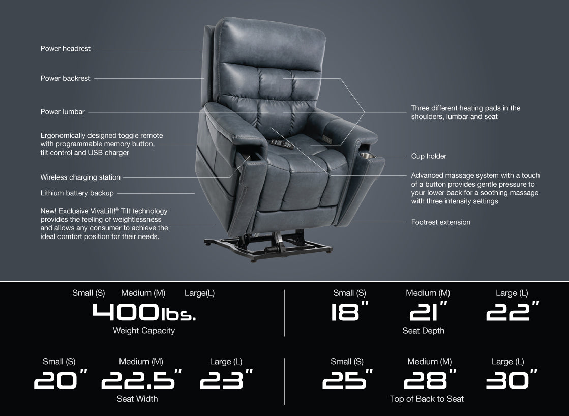 Pride Mobility VivaLift Ultra PLR4955L power lift recliner chair with heating pads, massage system, and wireless charging station