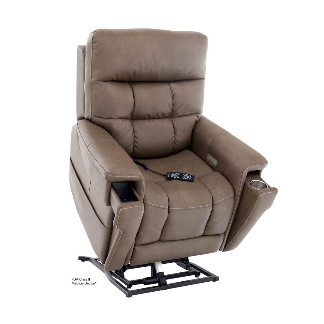 Pride Mobility VivaLift Ultra PLR4955L brown power lift recliner chair with remote control and cup holder