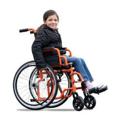 Ziggo Lightweight Pediatric Wheelchair for Kids & Children in bright orange with black seat and large rear wheels