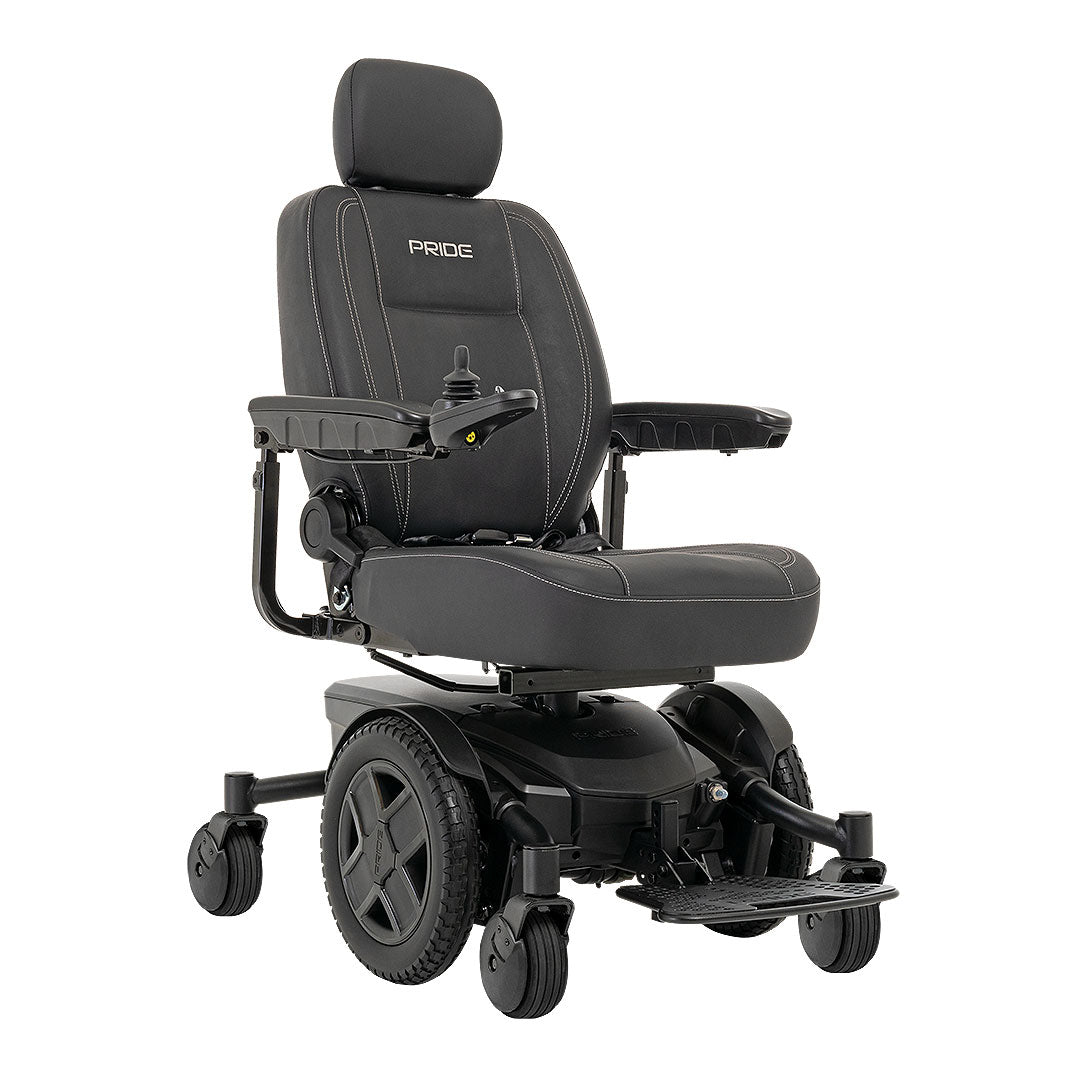 Pride Jazzy EVO 613 black power wheelchair with padded seat, headrest, and joystick control