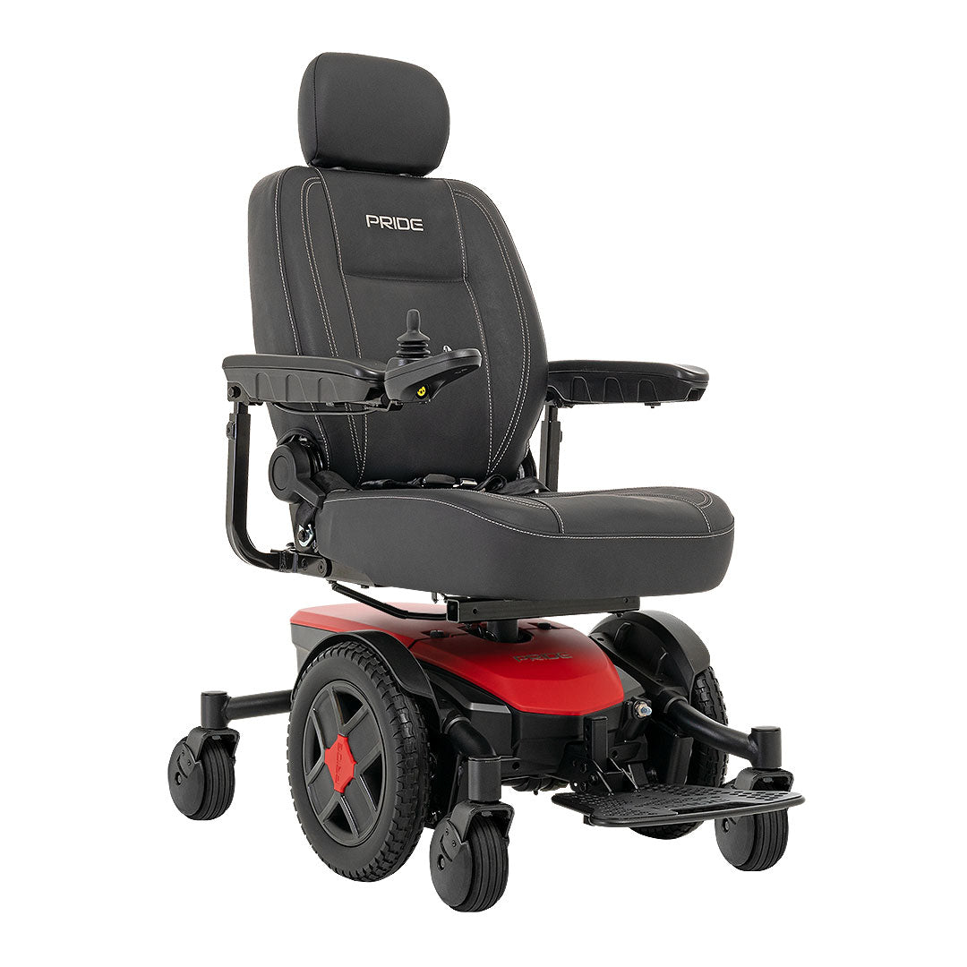 Pride Jazzy EVO 613 black and red power wheelchair with cushioned seat and joystick control