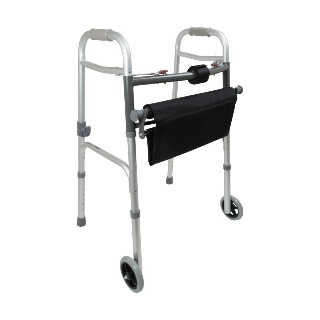 ProBasics Two-Button Folding Walker with Wheels and Roll-Up Seat 300lb WKAAW2BST