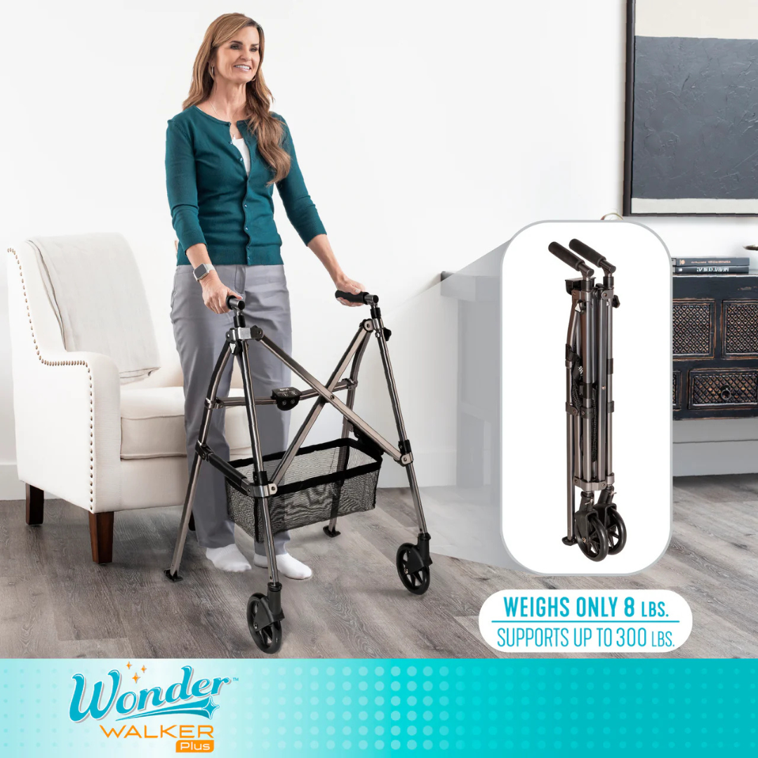 Stander Wonder Walker Plus 4300-BW Ultra Compact Folding Walker with Wheels & Basket By Stander