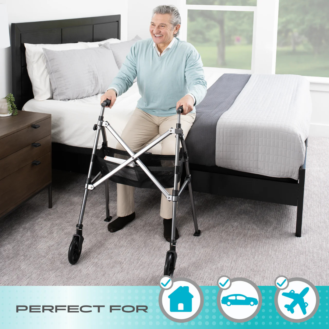 Stander Wonder Walker Plus 4300-BW Ultra Compact Folding Walker with Wheels & Basket By Stander
