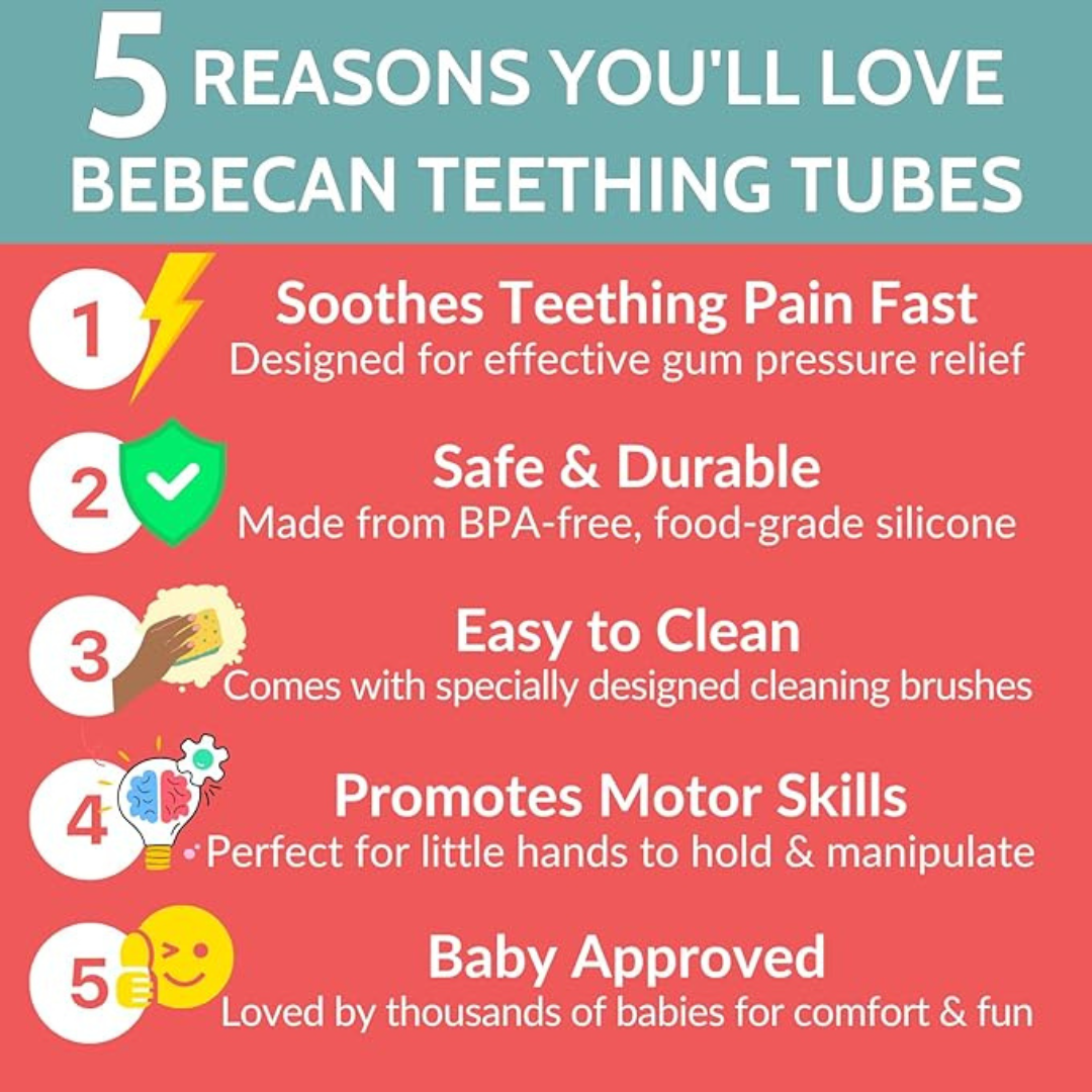BEBECAN Teething Tubes - Soft Silicone Baby Teethers Set - For 3+ Years