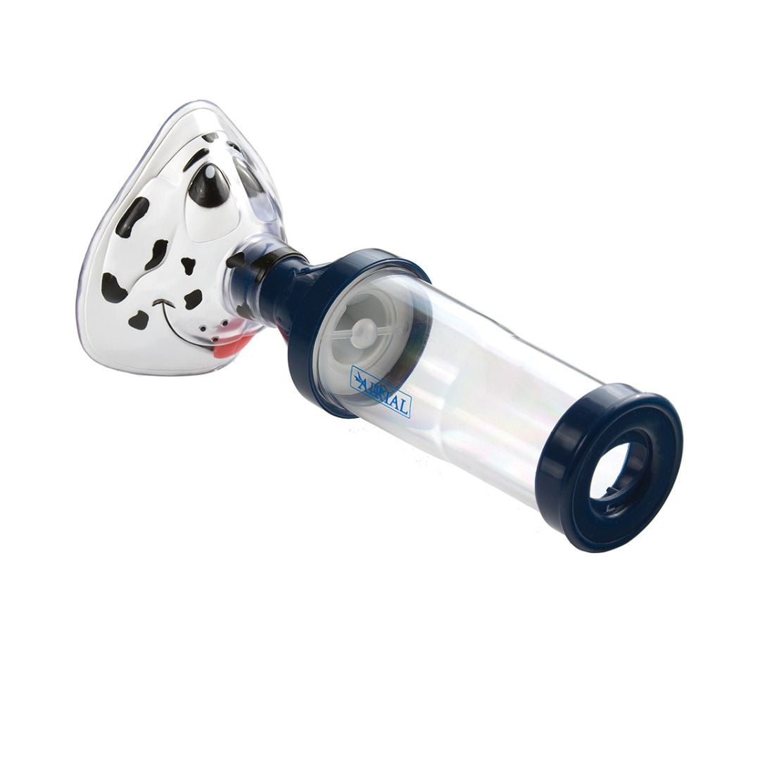 Airial Spotz the Dog Mask with Meter Dose Inhaler Chamber for children, featuring a playful dog design.