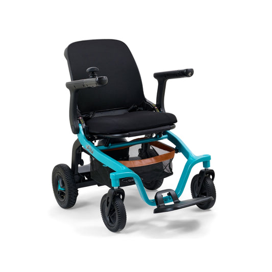 GOLDEN TECHNOLOGIES Ally Portable Power Chair in turquoise with a compact design