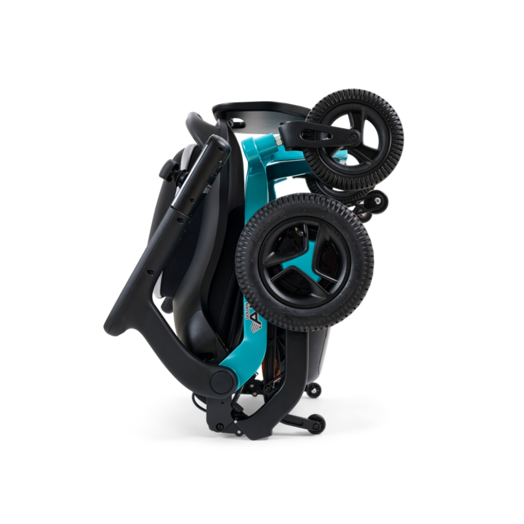 GOLDEN TECHNOLOGIES Ally Portable Power Chair in teal, folded for easy transport